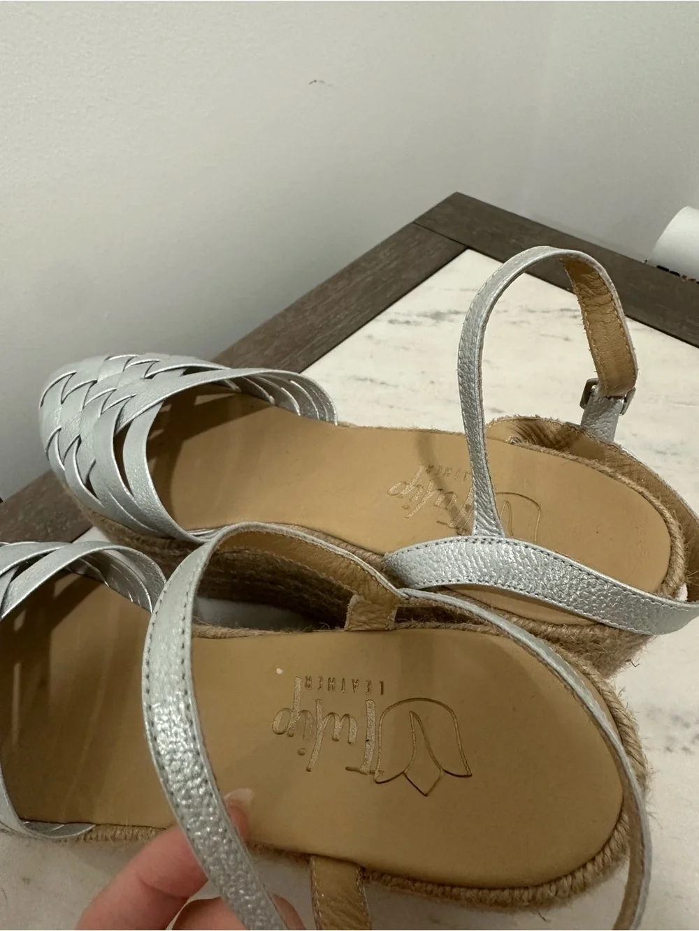 Metallic Silver Woven Espadrille Platform Wedge Sandals